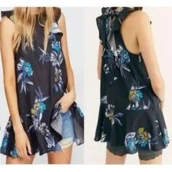 Free People Summer in Tulum Black Floral Linen Mini Dress - Picture 1 of 6